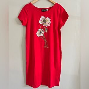 Bob Mackie 90s Red Floral Embroidered Applique Wearable Art Shift Dress L